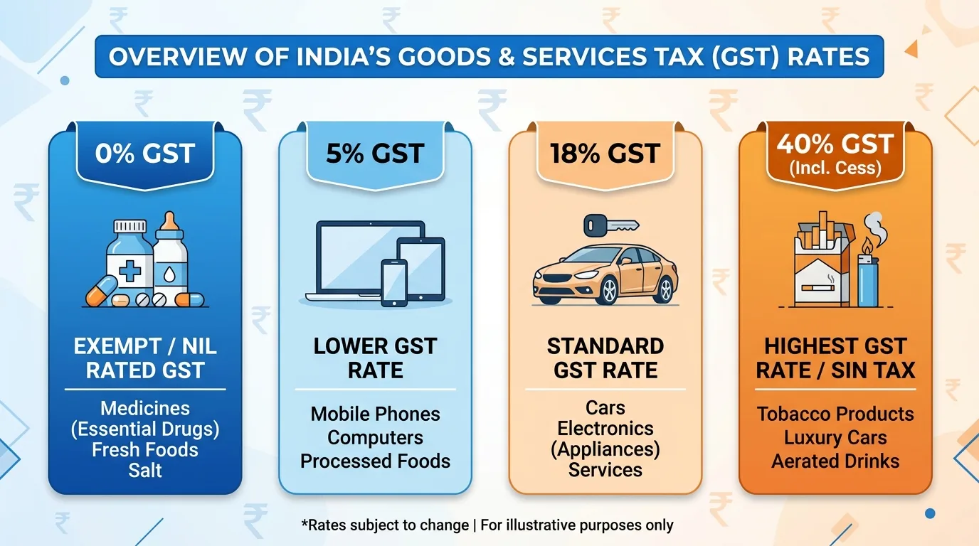 GST 2.0 new rate slabs India 2025 showing 0%, 5%, 18%, and 40% categories