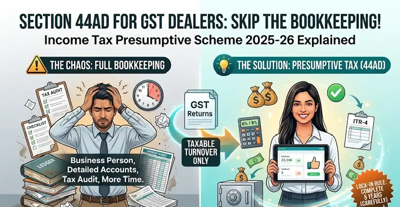 GST registered small business owner calculating presumptive income tax under Section 44AD