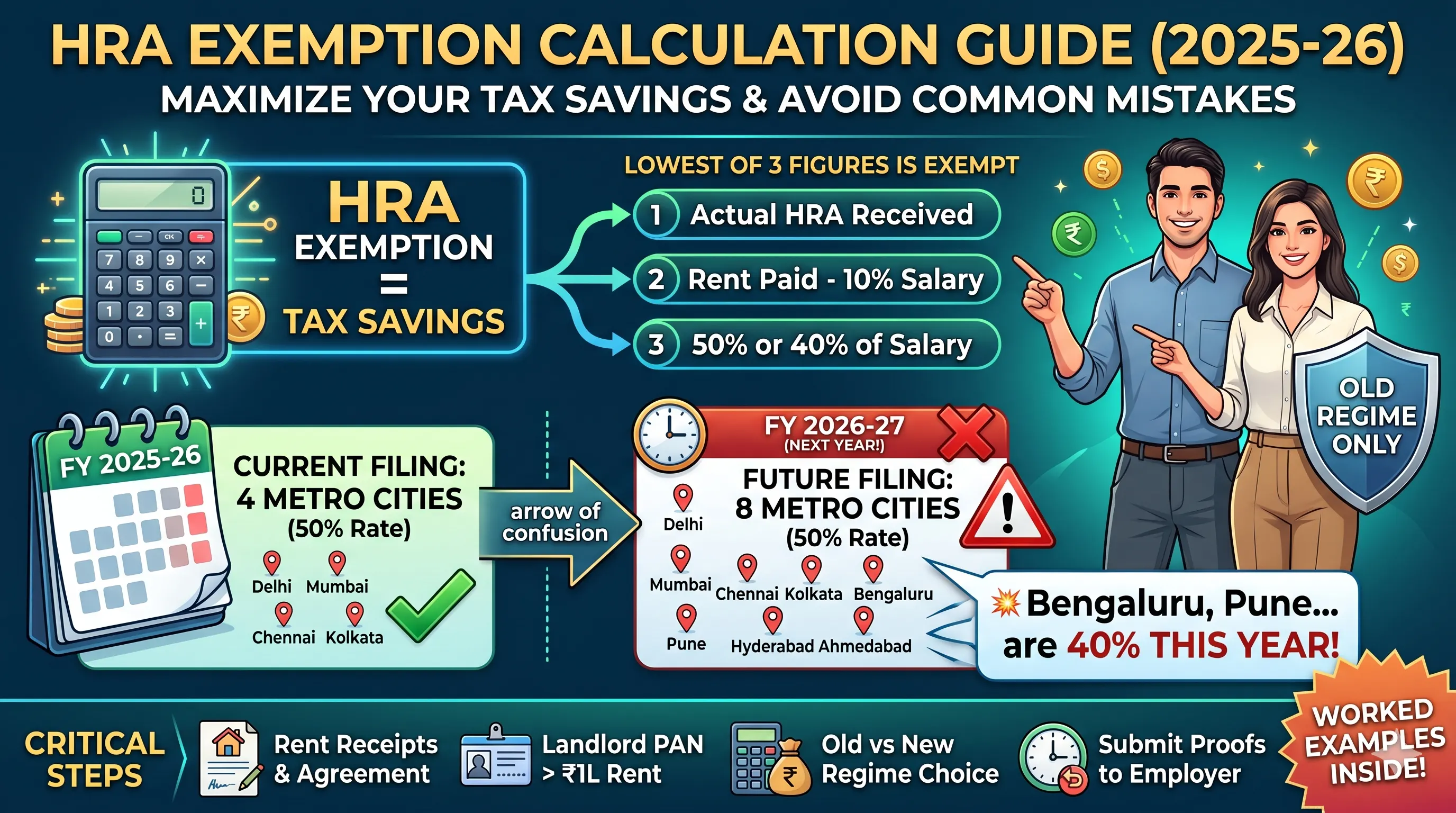Salaried employee calculating House Rent Allowance tax exemption with city and salary inputs